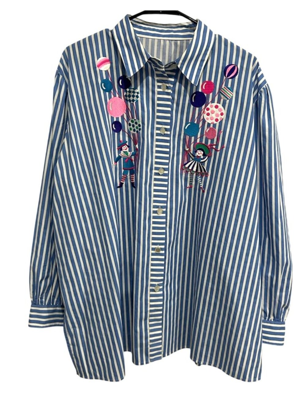 Blue White Striped 2XL Button-Up Long Sleeve Shirt Balloon Clown Design Kitschy